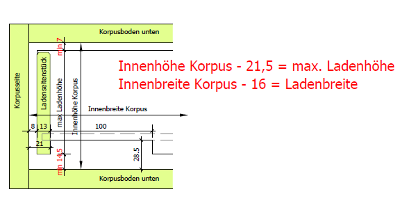 Schublade mit Abmessungen